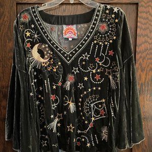 Johnny Was Callisto Celestial Moon Star Velvet Swing Blouse Top Size Small Grey